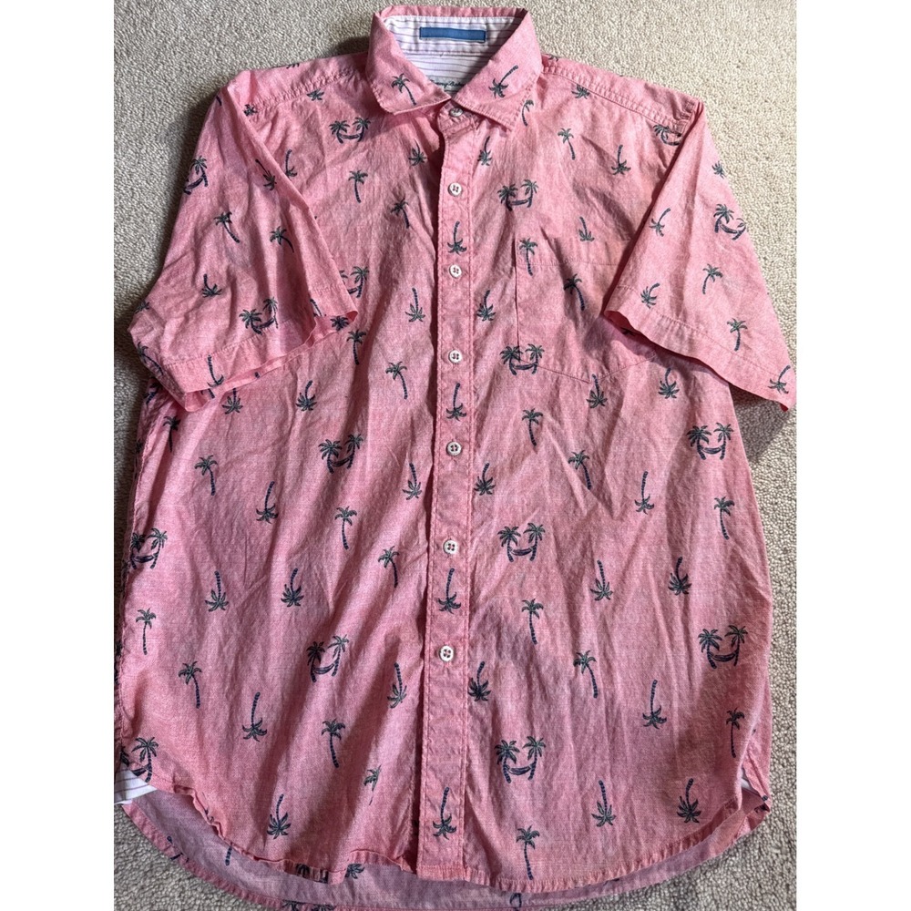 Tommy Bahama Mens Short Sleeve Button Up Shirt Palm Tree Print Pink Size Small